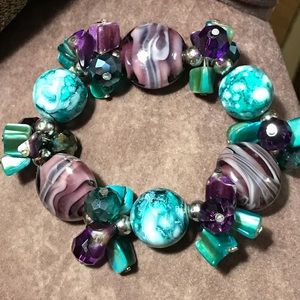 Faux Turquoise & Purple Art Glass Stretch Bracelet